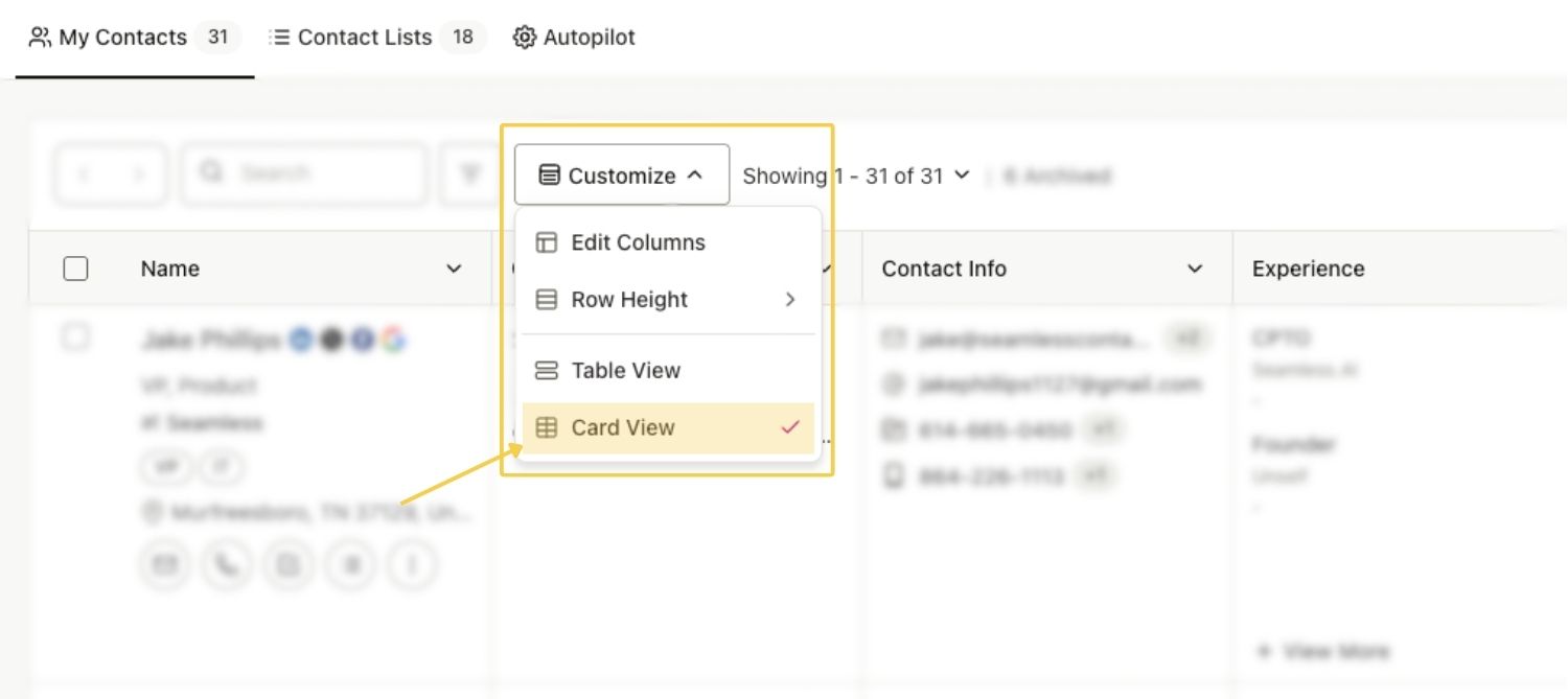 Card Layout option in Customize drop down.