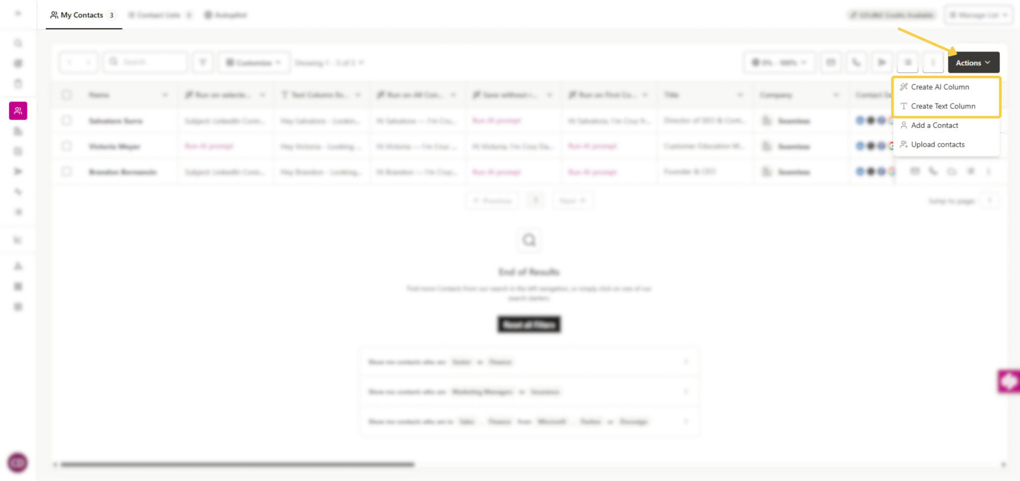 Actions button in top corner of My Contacts page