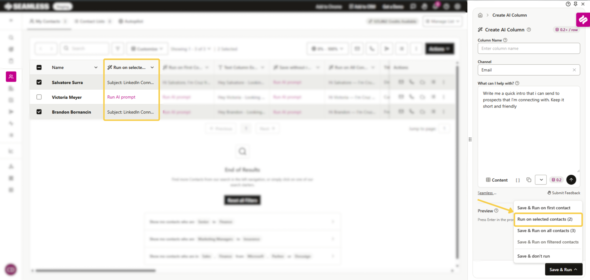 Select contacts to run prompts on