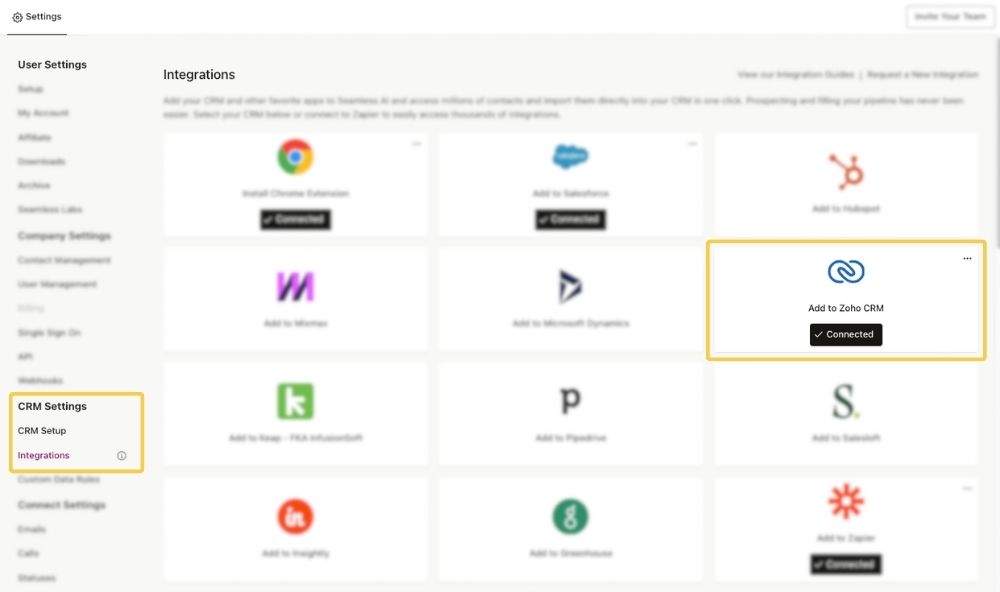 Zoho connected in Integrations page