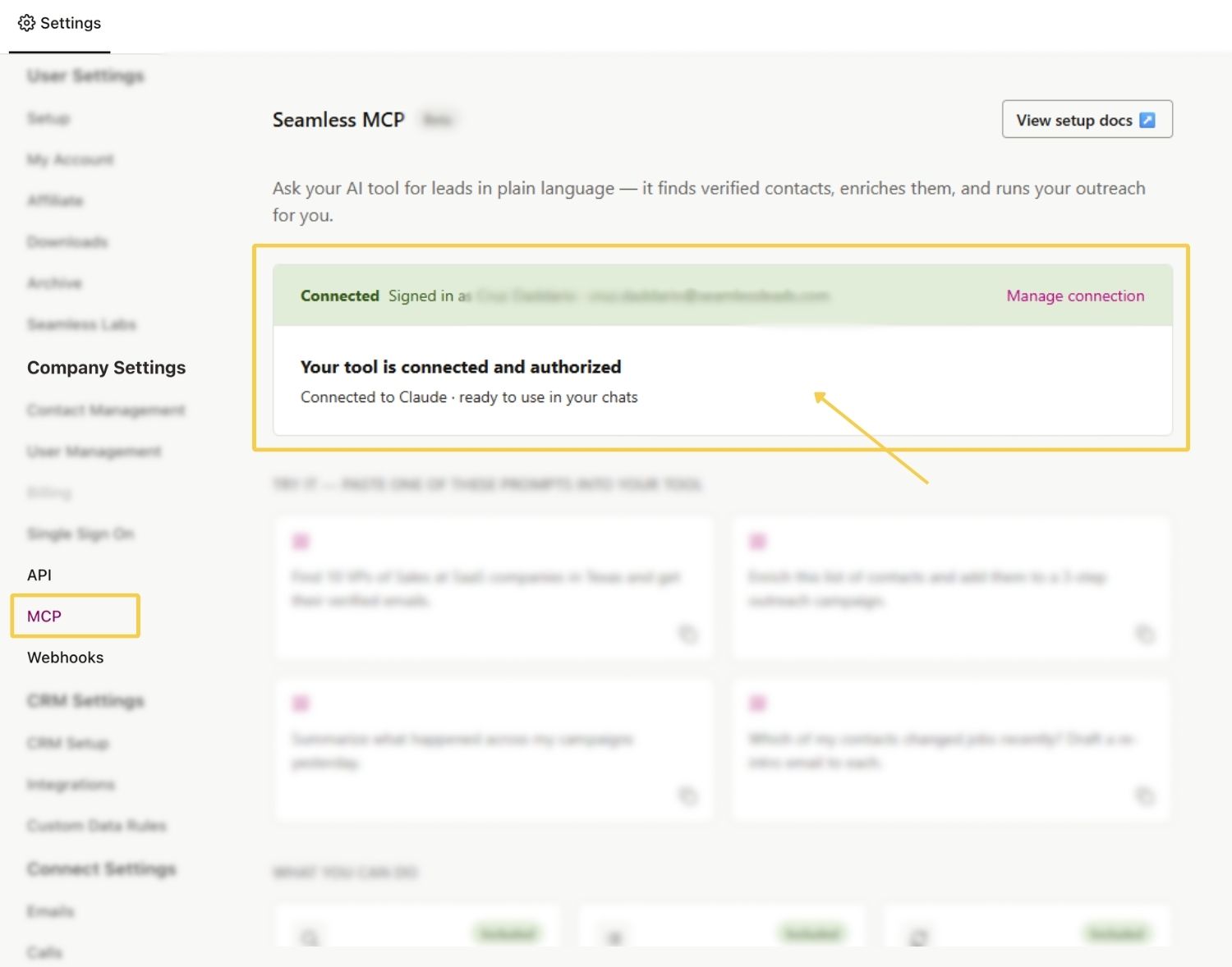View and manage connected MCP connections