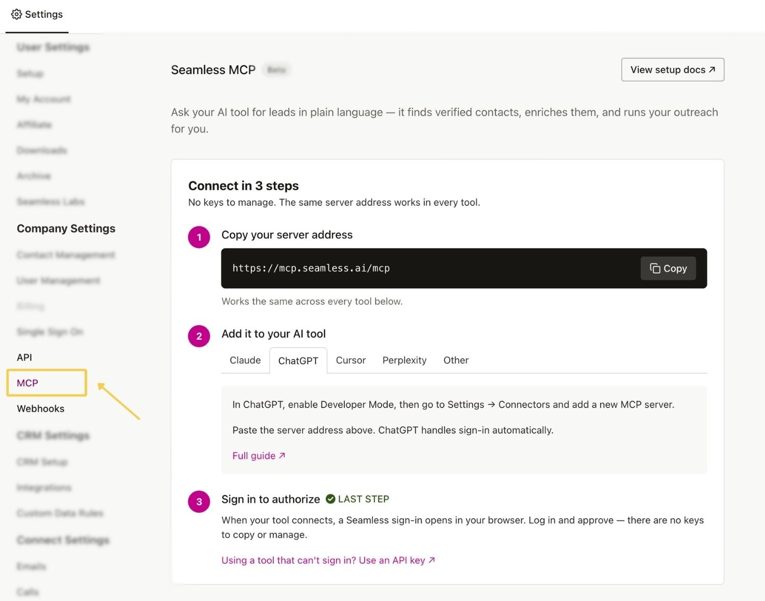 MCP Settings Set Up Page
