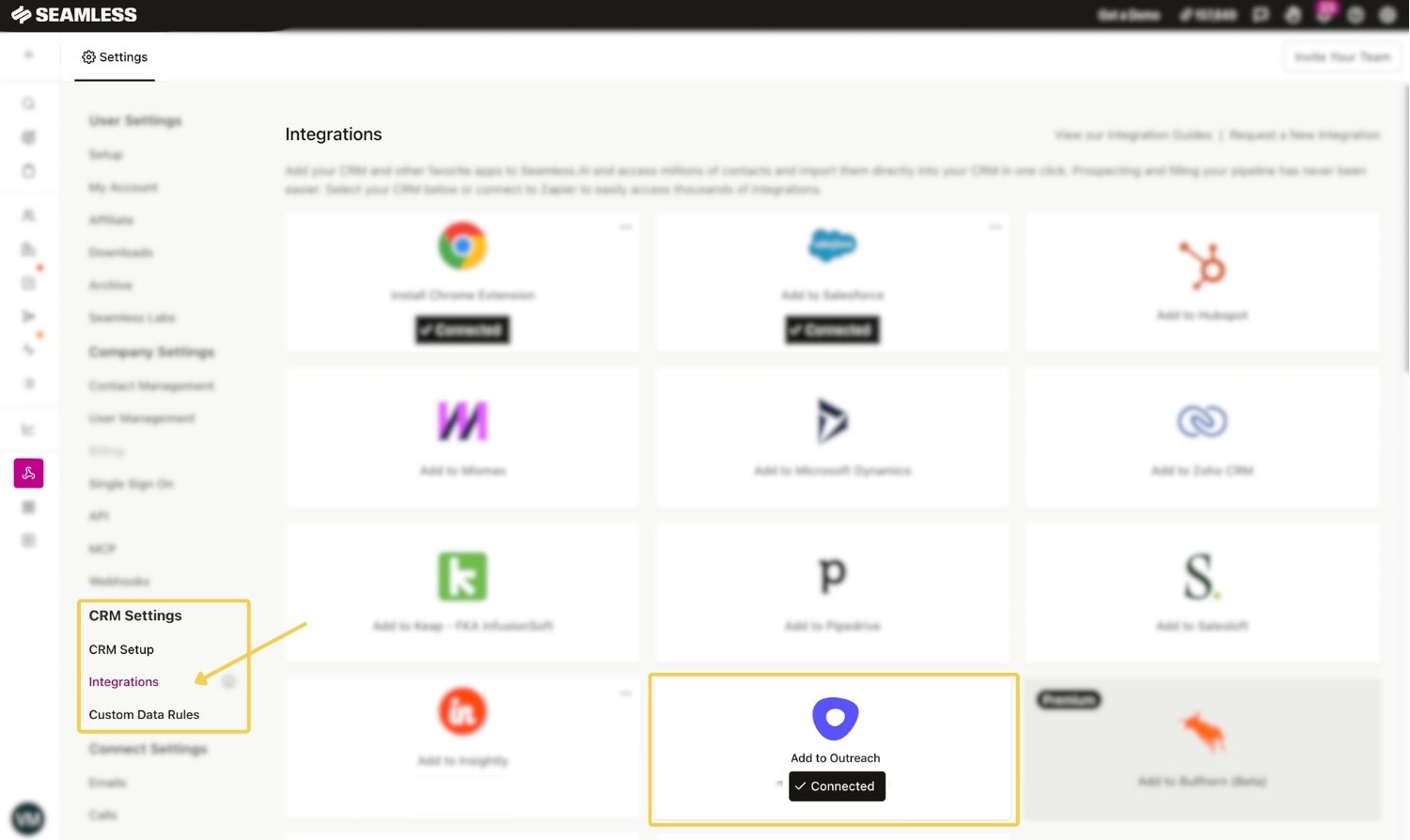 Connected Outreach CRM in Seamless Integrations