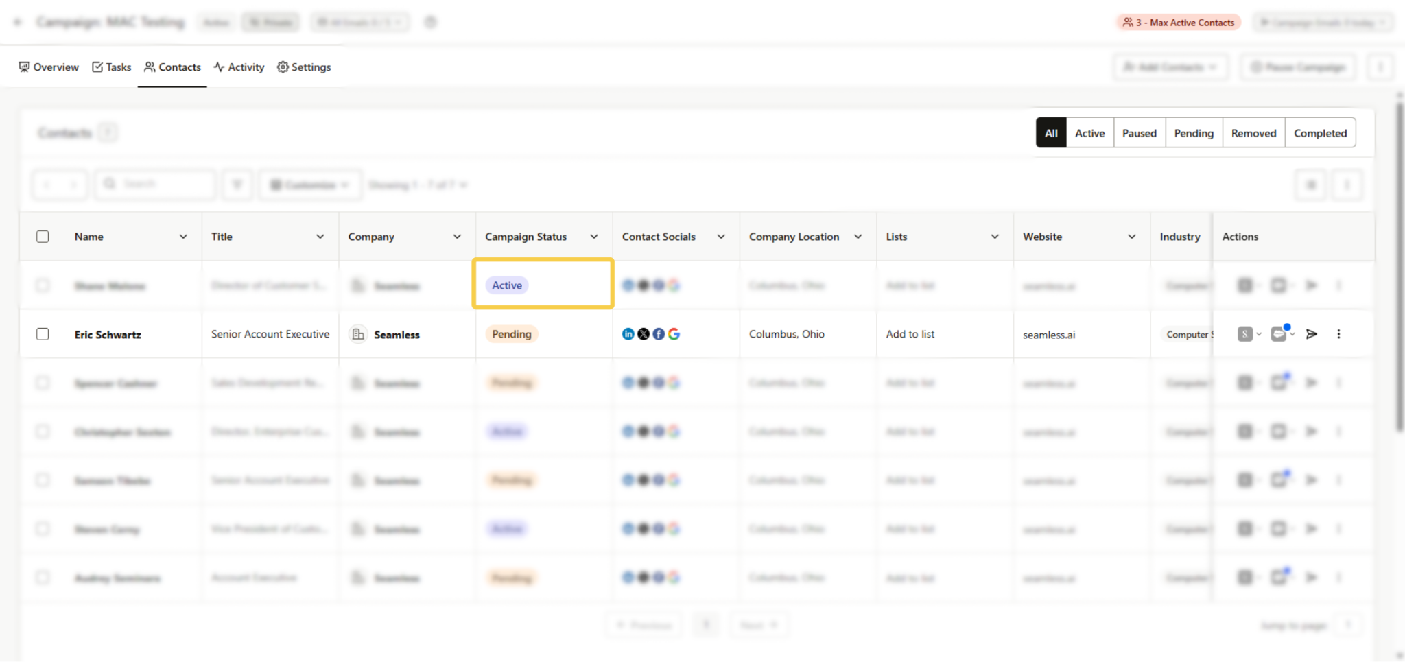 Active and Pending Contacts in Seamless Campaigns
