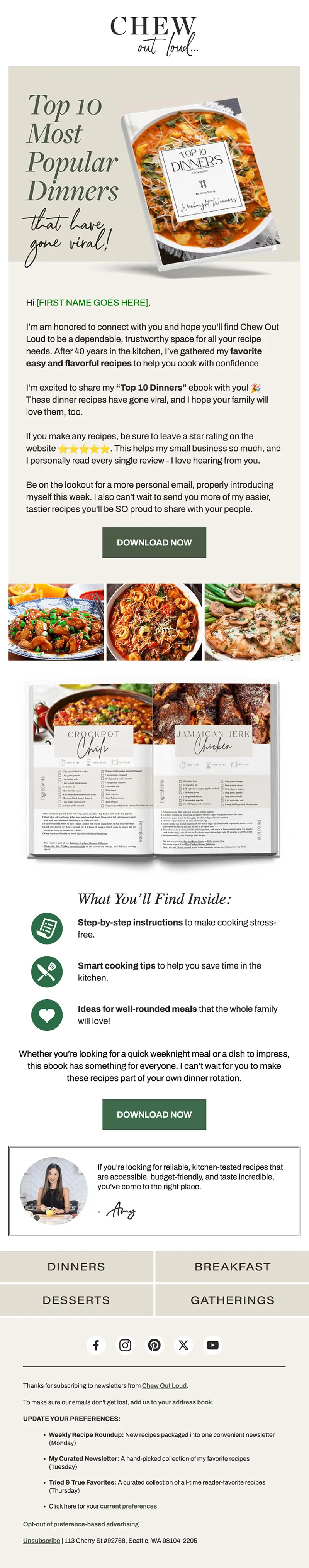 Recipe blog email design in kit