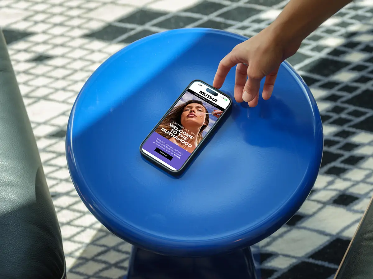 iPhone on a blue table