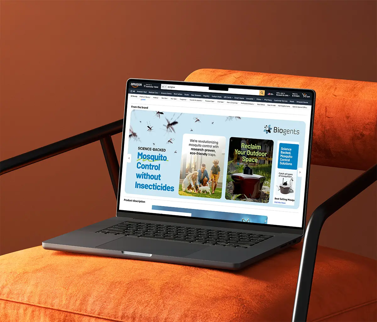 Amazon brand story design on a computer sitting on a orange chair