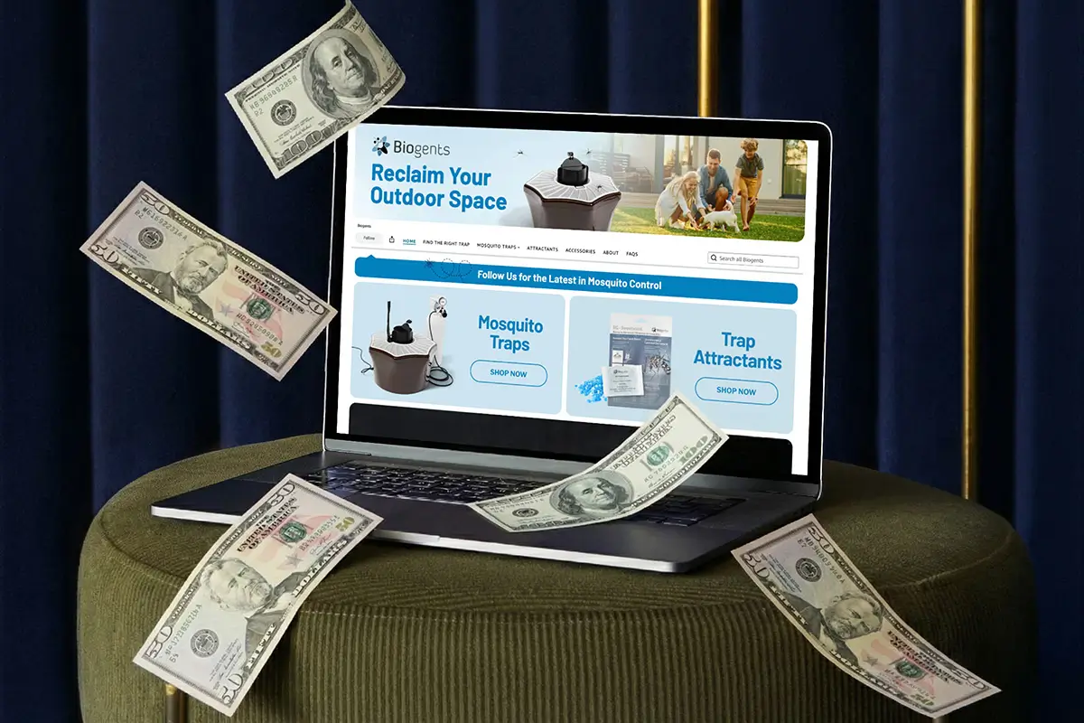 Amazon brand storefront example on a laptop surrounded by falling mony