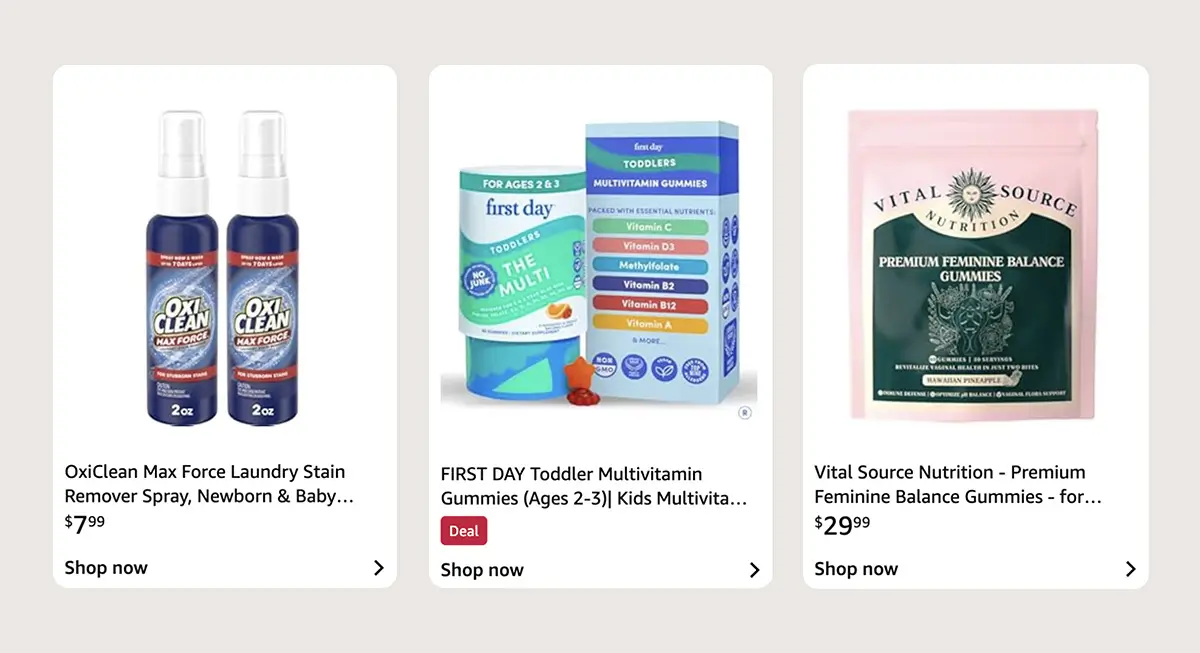 Single product card examples in Amazon Shoppable Collections