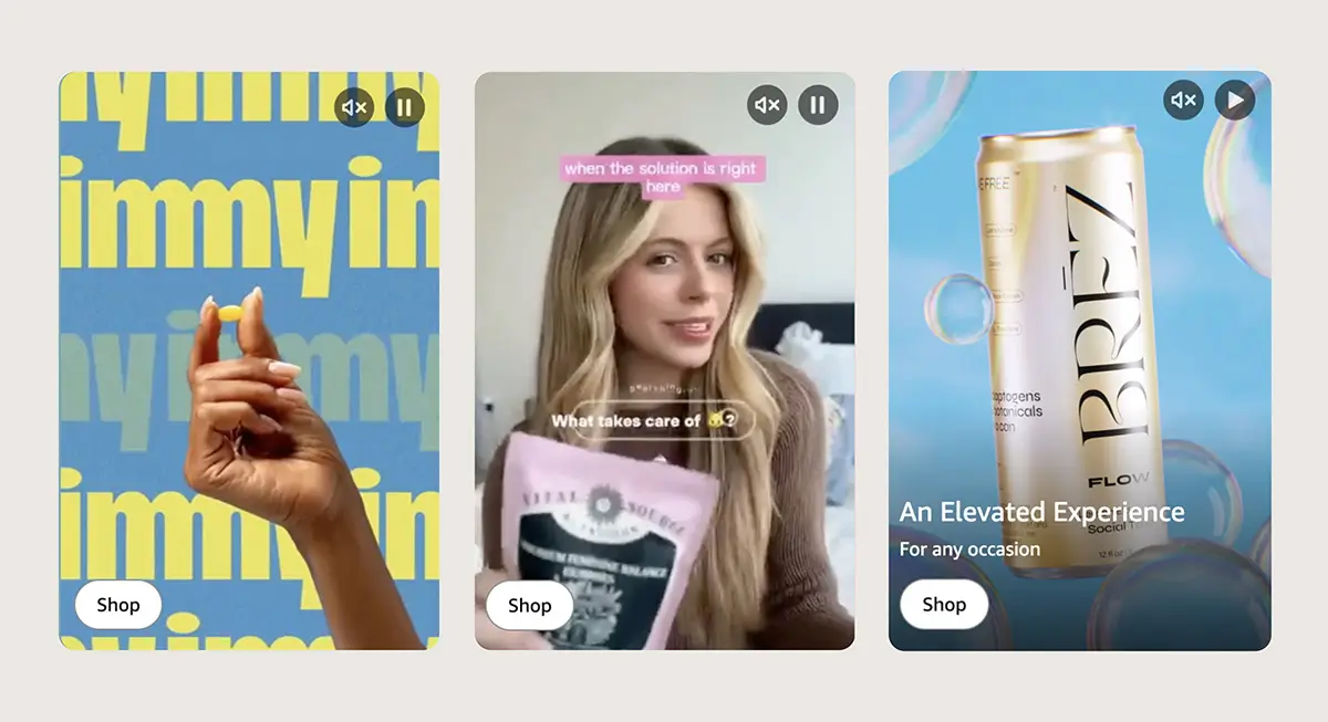Video with Optional text card examples for Amazon Shoppable Collections