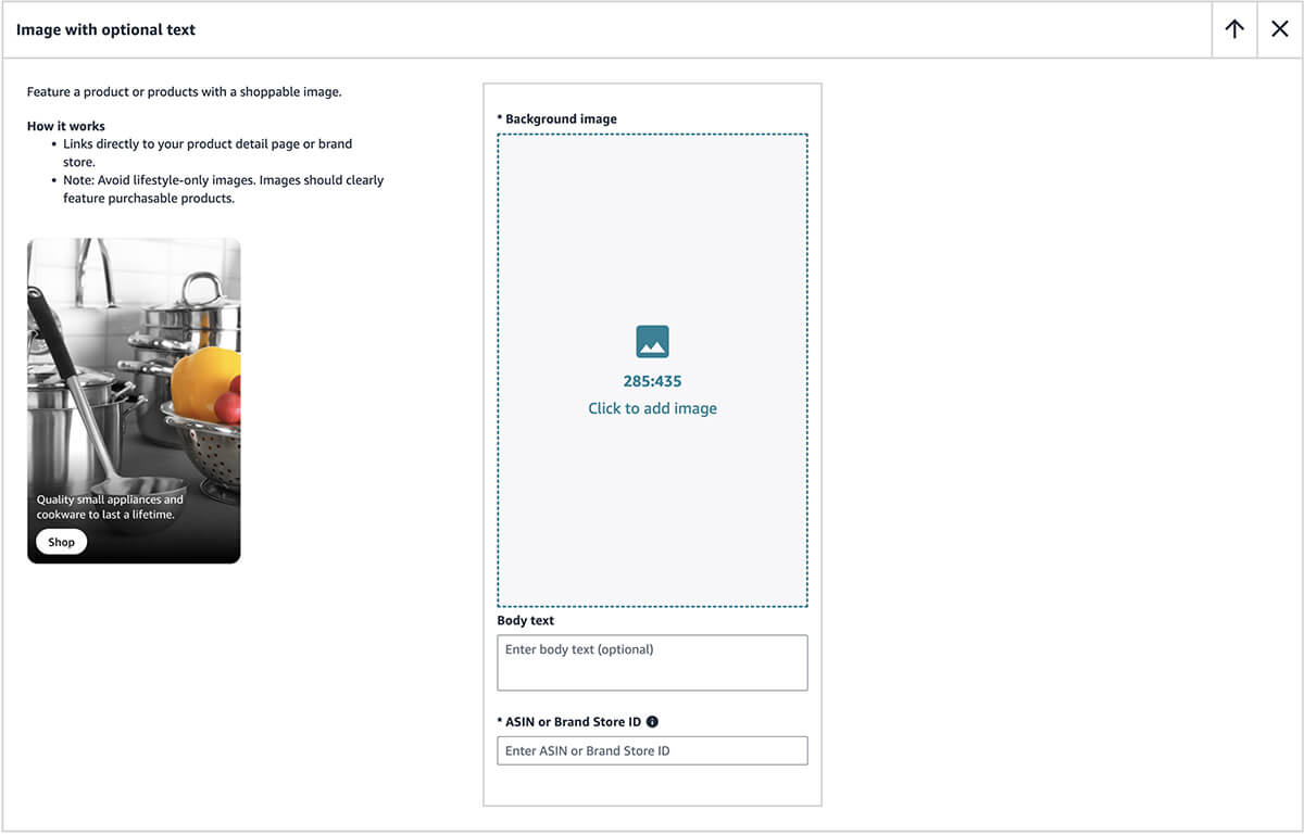 Image with text option in Amazon Shoppable Collections