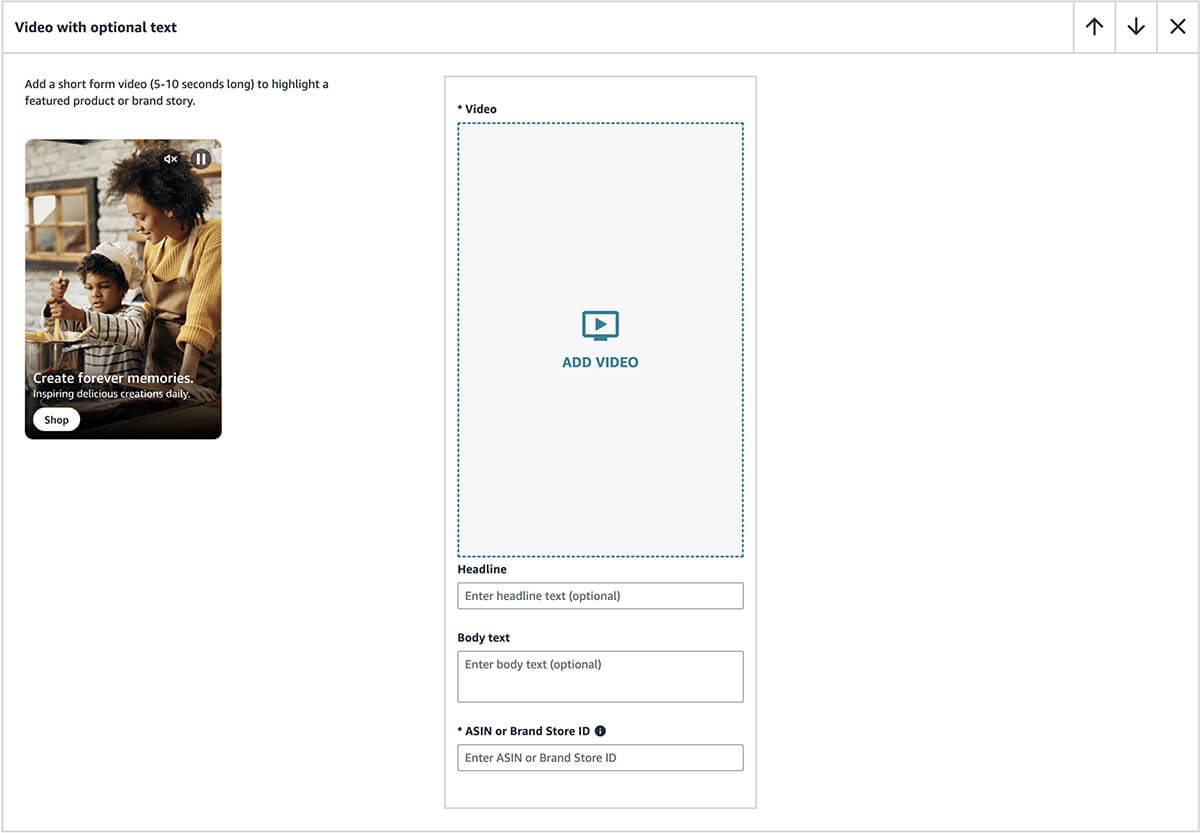 Video with Optional text card in Amazon Shoppable Collections