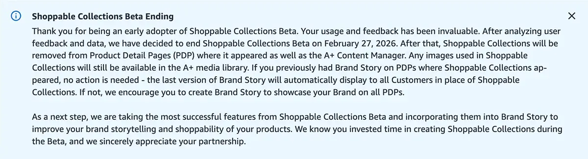 Shoppable Collections Beta ending