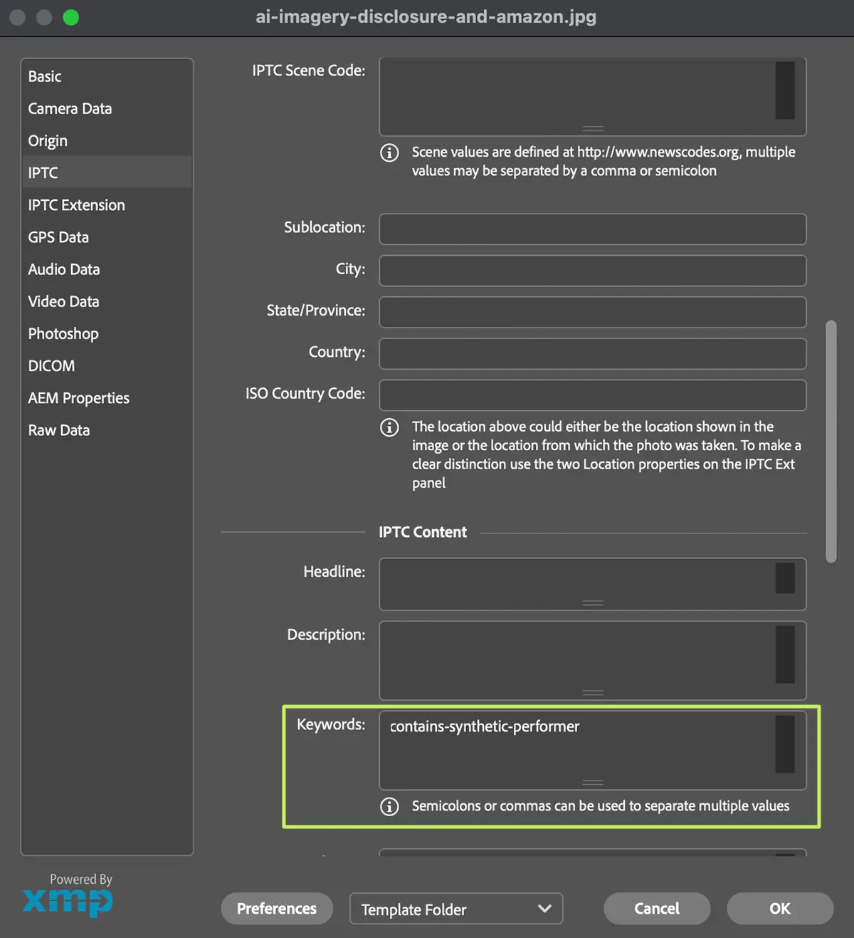 IPTC metadata keyword added to image