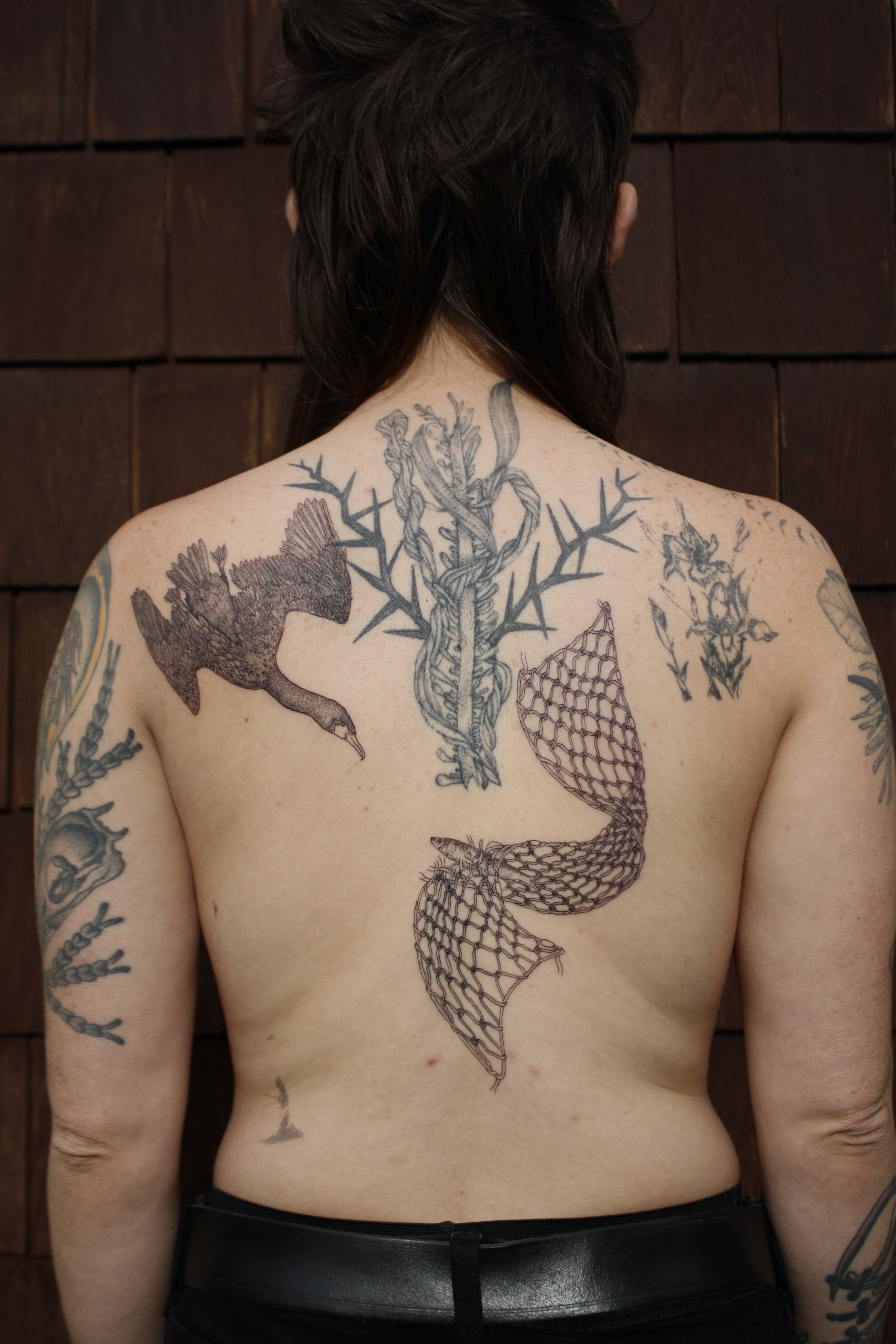 cormorant bird is swimming down from clients right shoulder towards a fish caught in a net over clients spine