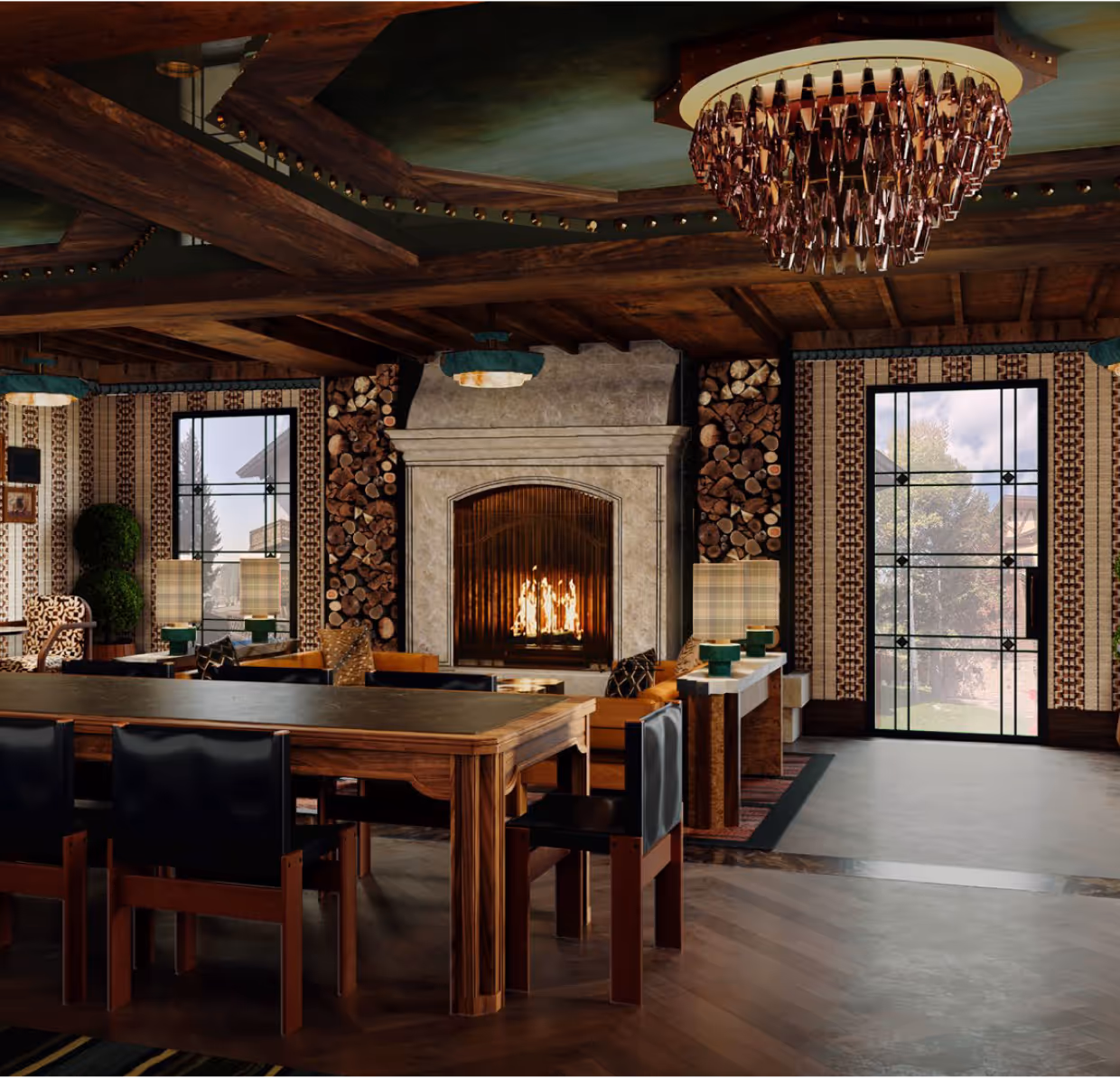 A stylish dining room with a modern fireplace, wood accents, large windows, and a crystal chandelier.