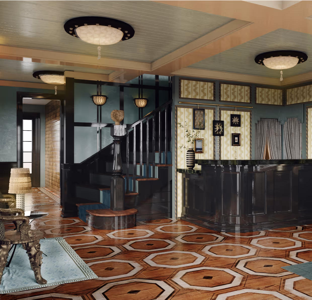 Reception area with wood flooring, dark staircase, patterned walls, and classic-style furniture and light fixtures.