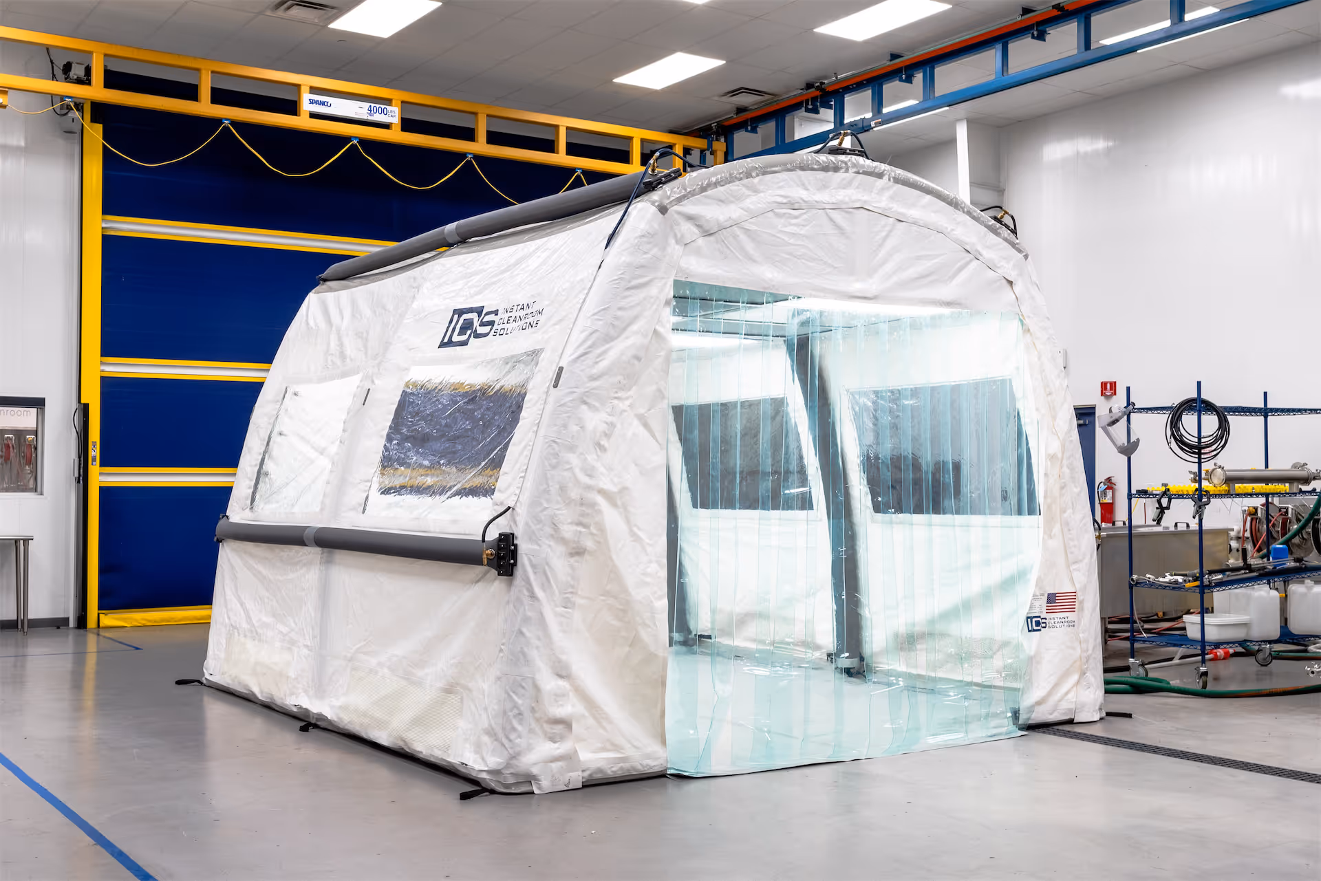 Wide view on the exterior of our instant pop up cleanroom tents