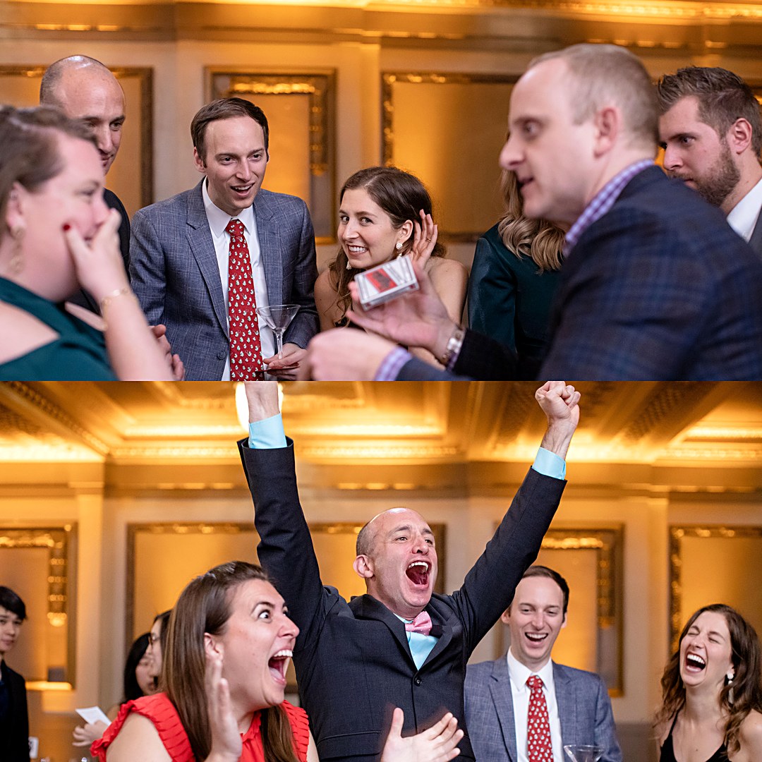 Guests reacting with amazement as Theron Schaub performs close-up magic