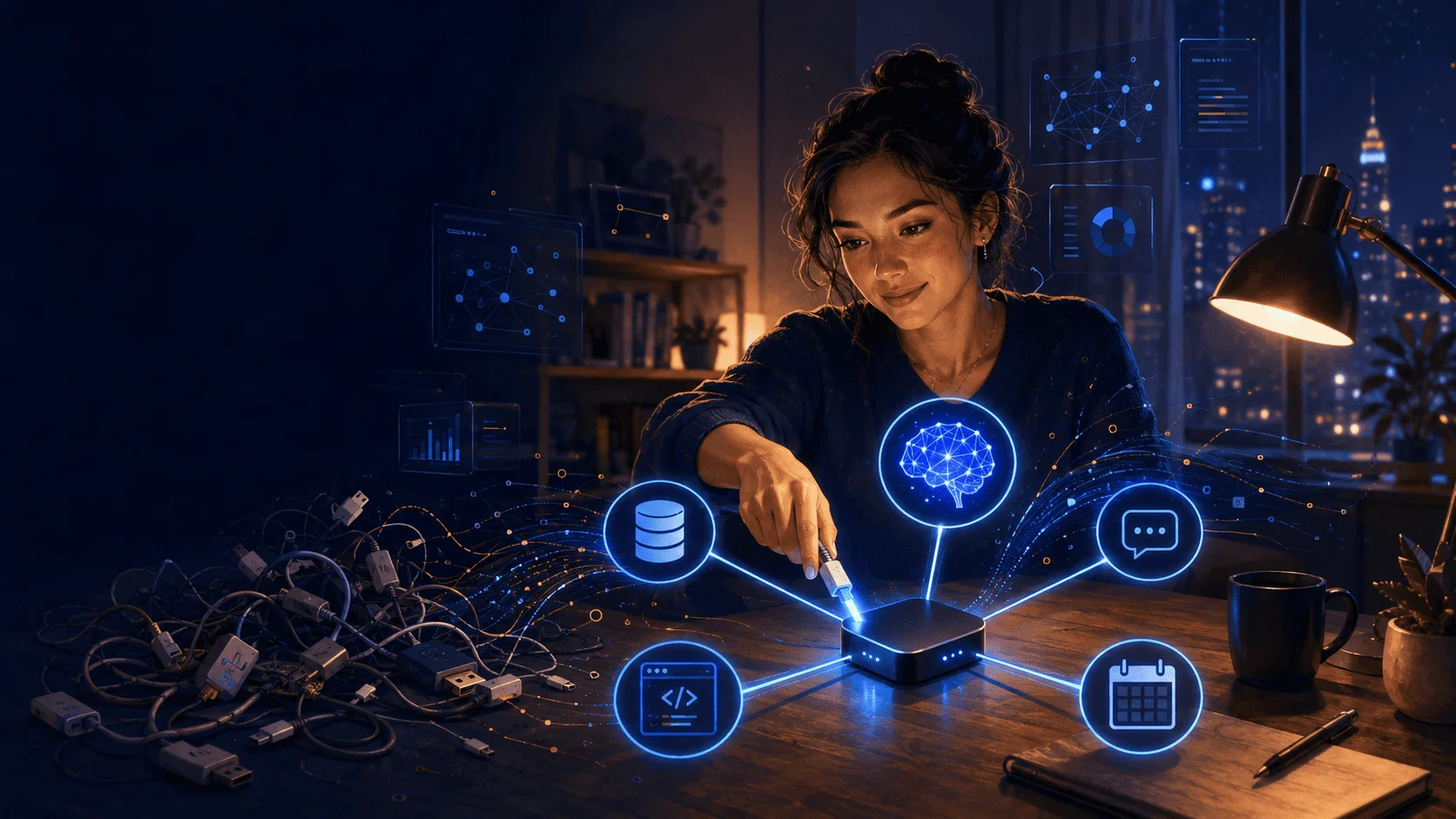 Analista de dados conecta um único cabo a um hub central que se liga a ícones de banco de dados, código, chat e calendário, ao lado de um emaranhado de cabos antigos