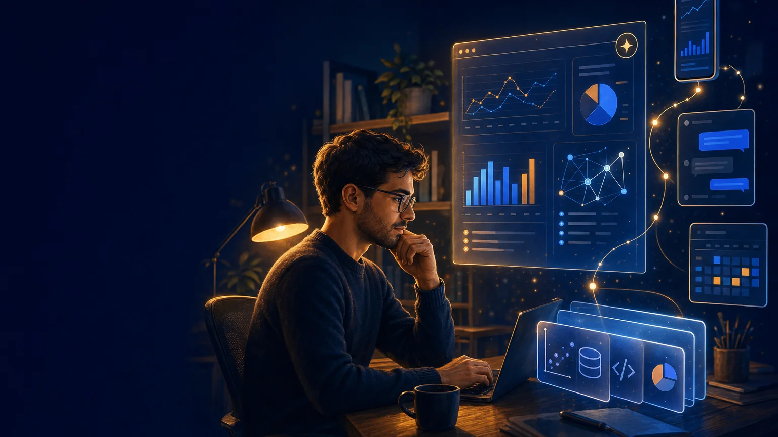 Profissional de dados à noite em seu home office, olhando um painel luminoso de gráficos enquanto conexões saem dele para um celular, um chat e um calendário