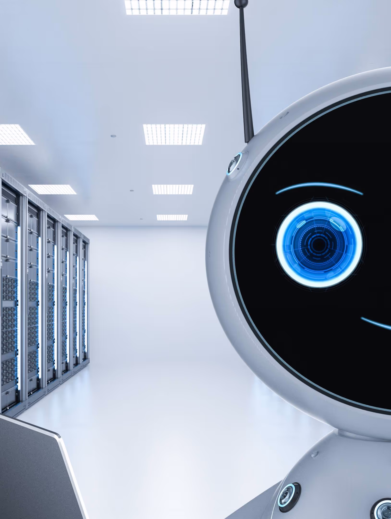 Little friendly robot in a room with servers