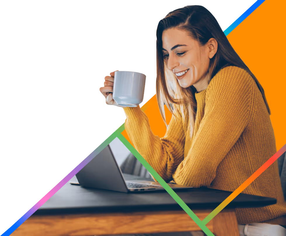 Woman drinking coffee at a laptop - First Technology Cyber Security Solutions Header Image