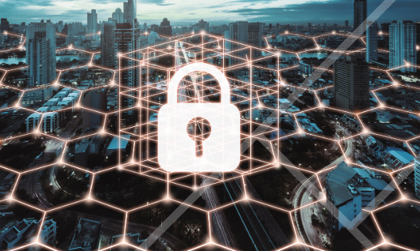 Image of lock and grid overlayed on a cityscape - First Technology Cyber Security Solutions