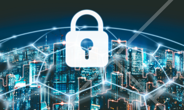 Image of lock and grid superimposed on a cityscape - First Technology Cyber Security Solutions