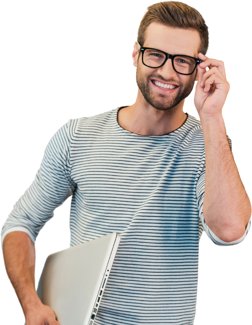 Friendly man wearing glasses and carrying a laptop - First Technology