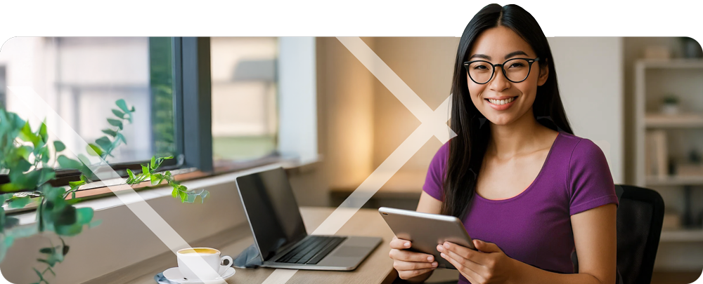 Smiling woman holding a digital tabler and sitting at a desk next to a laptop - First Technology Datacentre & Cloud Workshops
