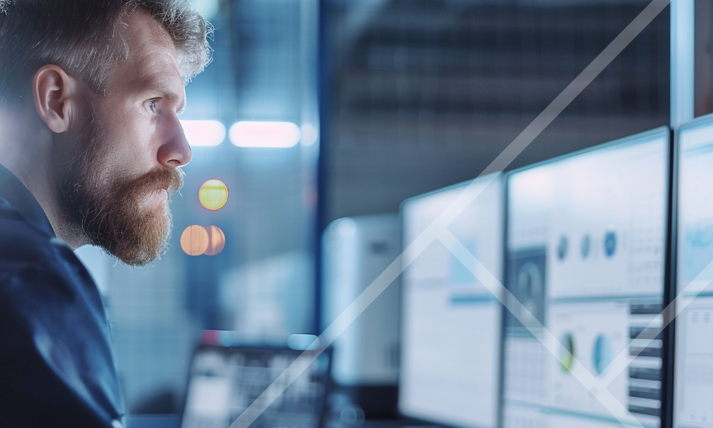 Man with a beard staring at a row of computer screens - First Technology Cyber Security Solutions