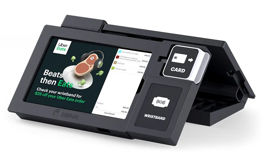 Billfold dual-screen POS terminal showing an Uber Eats promotional ad, highlighting promotional opportunities