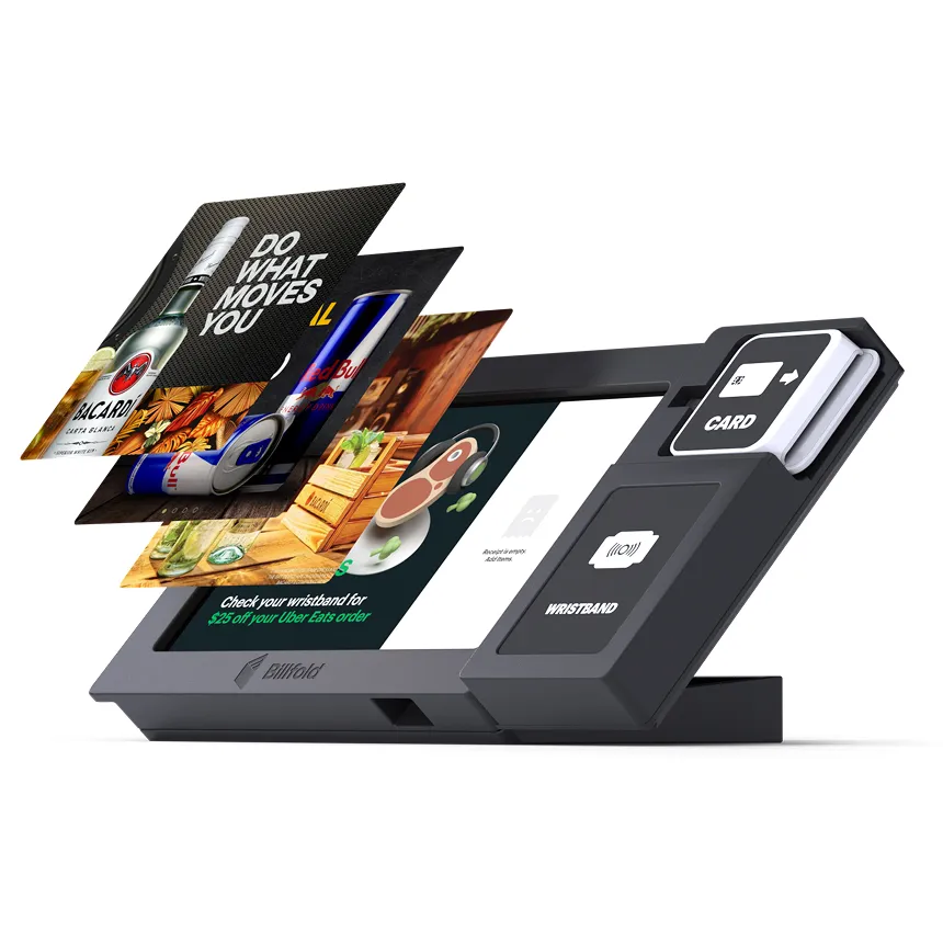 A Billfold POS terminal with layered promotional graphics on the screen, highlighting efficient order processing and reporting capabilities