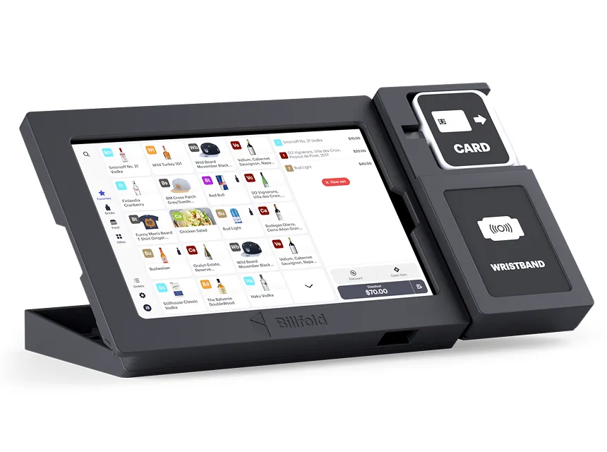 A Billfold POS terminal on a counter displaying its touchscreen menu, showing how simple it is to learn and use