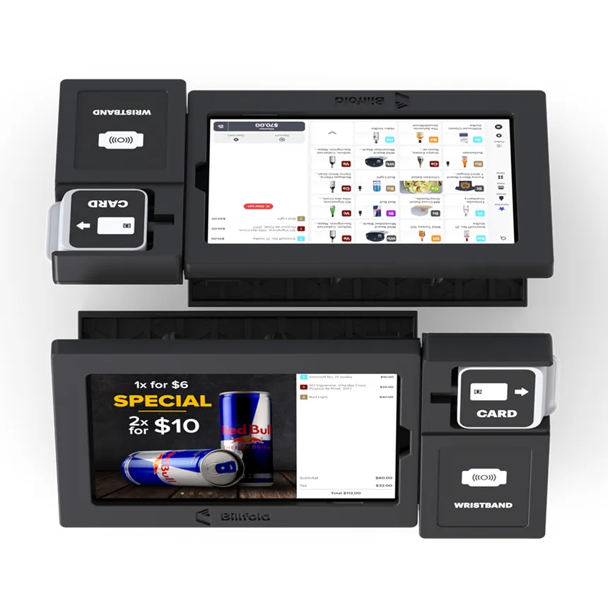 Two Billfold dual-screen POS terminals side by side, demonstrating customer-facing price display for clear checkout transparency