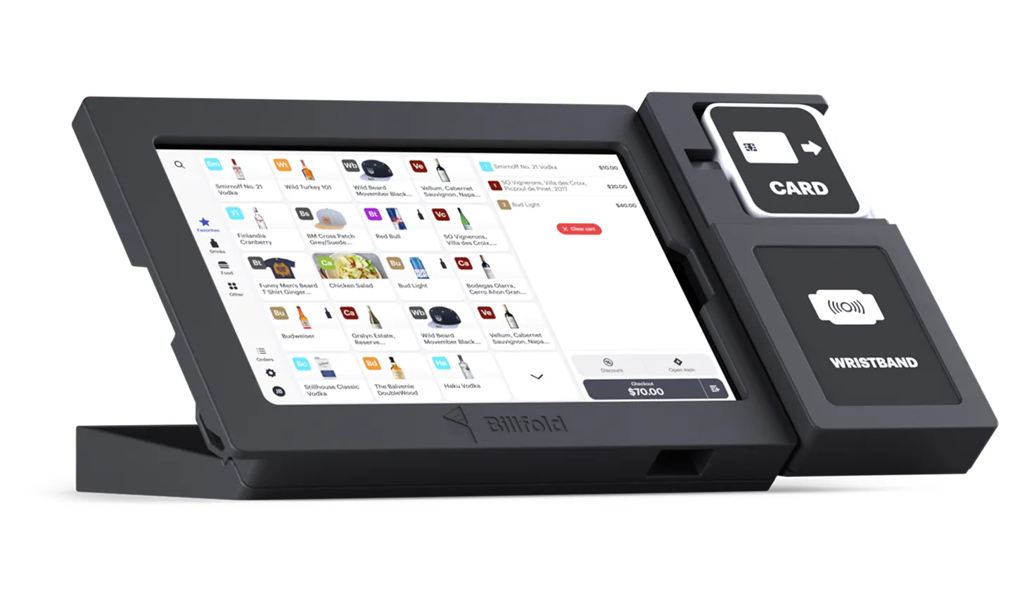 A Billfold POS terminal displaying a promotional screen with special pricing graphics and a built-in contactless reader
