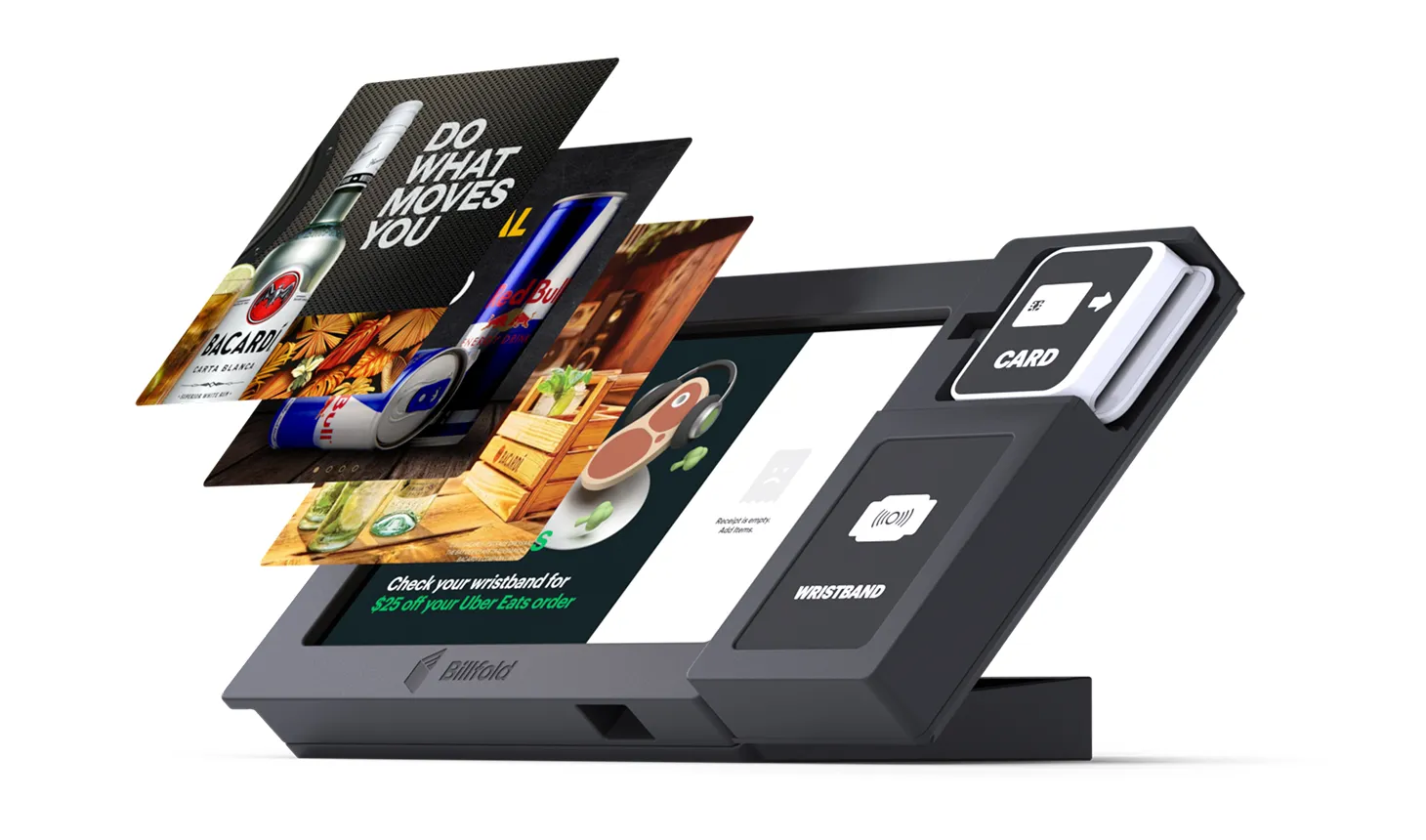 A Billfold POS terminal overlaid with multiple brand advertisement graphics to illustrate Billfold Engage’s sponsorship and digital asset capabilities