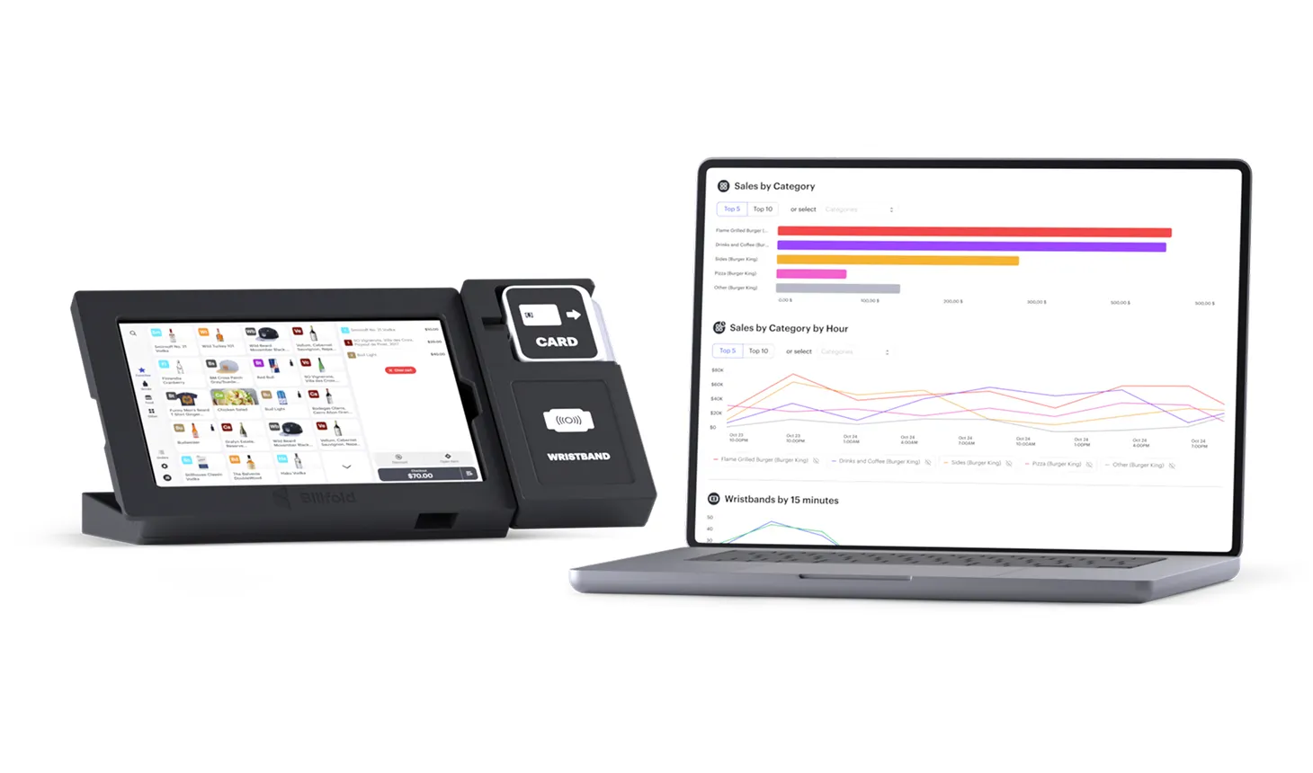 A Billfold POS tablet next to a laptop showing the Billfold IQ dashboard with charts and graphs for event reporting and consumer intelligence