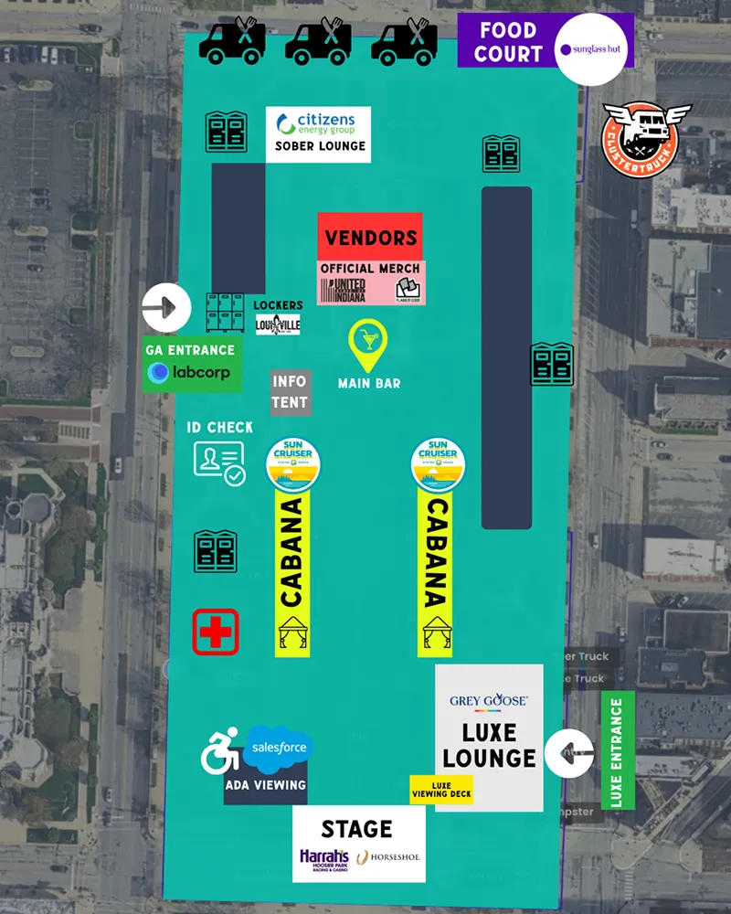 Site map of Indy Pride Festival 2025 showing entrances, stage, lounges, food court, bars, vendor areas, cabanas, and accessibility zones