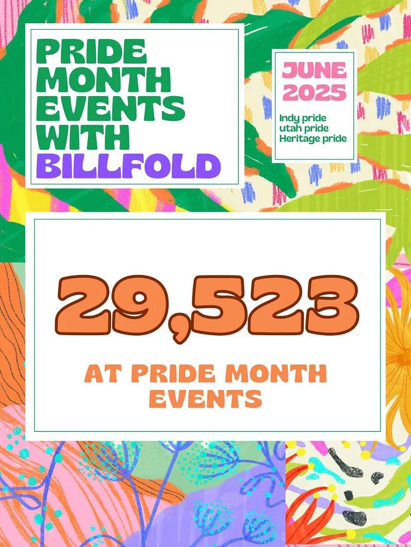 Colorful graphic showing "Pride Month Events with Billfold," highlighting 29,523 attendees at Indy Pride, Utah Pride, and Heritage Pride in June 2025