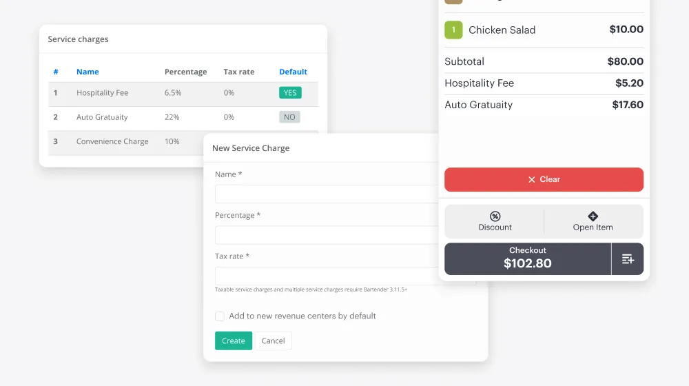Billfold POS interface showing service charge configuration and applied charges in checkout summary
