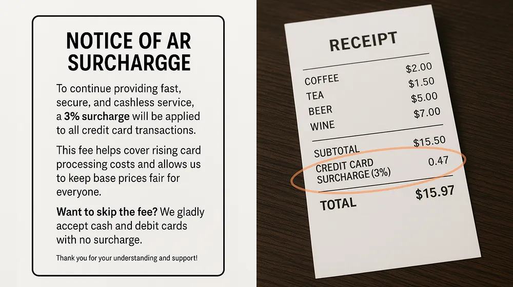 Notice explaining a 3% credit card surcharge and a receipt showing the surcharge applied to a purchase