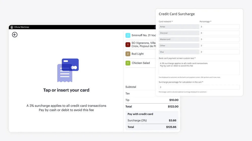Credit card surcharge interface showing 3% fee notice and surcharge breakdown in POS system