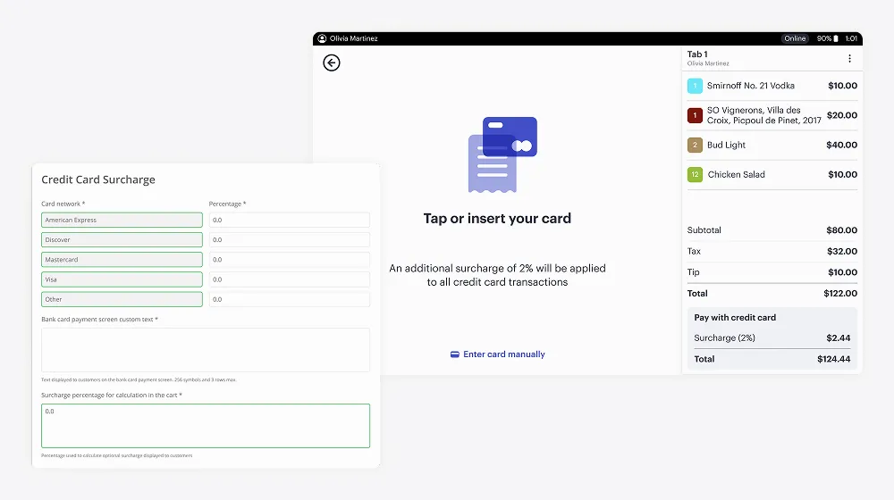 Billfold POS showing surcharge setup for credit card networks and applied 2% fee during checkout