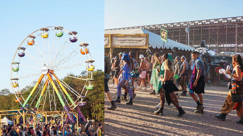 Attendees enjoying Elements Music and Arts Festival 2025 in Long Pond, PA, with a colorful Ferris wheel and vendor tents in the background