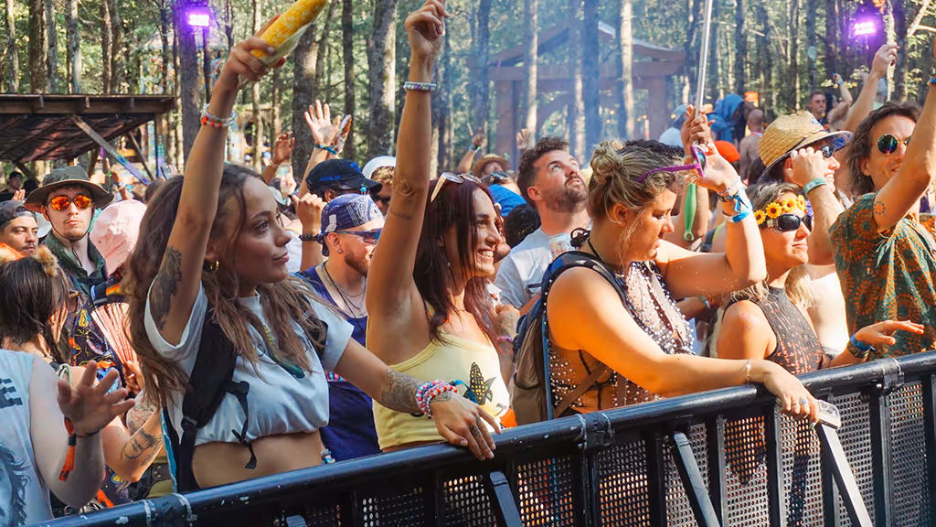 Festivalgoers dancing and cheering near the stage at Elements Music and Arts Festival 2025 in Long Pond, Pennsylvania