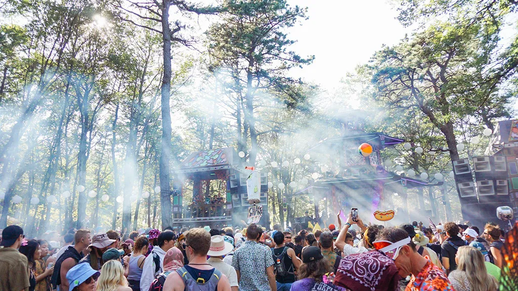 Daytime crowd dancing under the trees at Elements Music and Arts Festival 2025 in Long Pond, PA