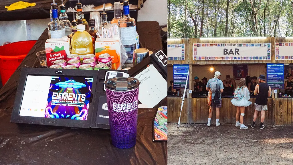 Billfold POS system and bar setup at Elements Music and Arts Festival 2025 in Long Pond, Pennsylvania