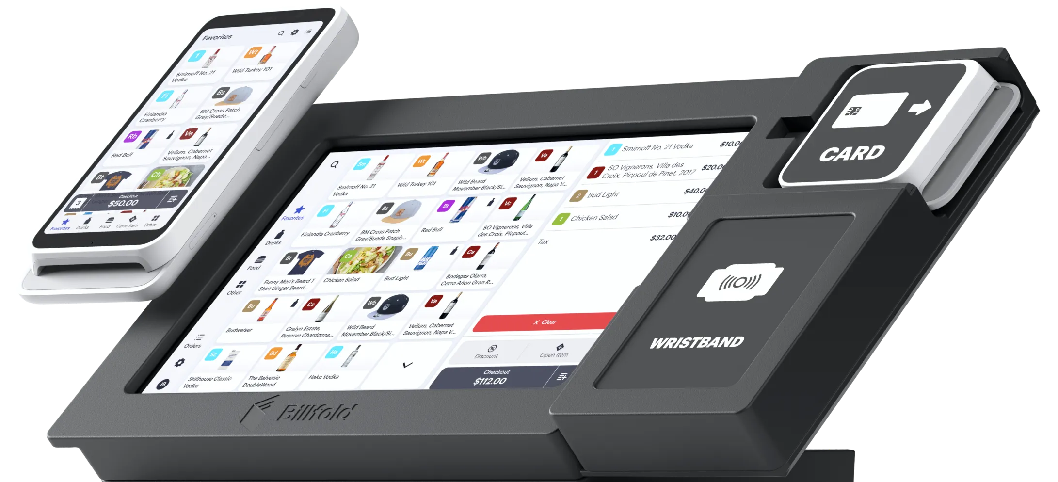 Billfold POS system combining terminals, handheld devices, and cashless payments for live events